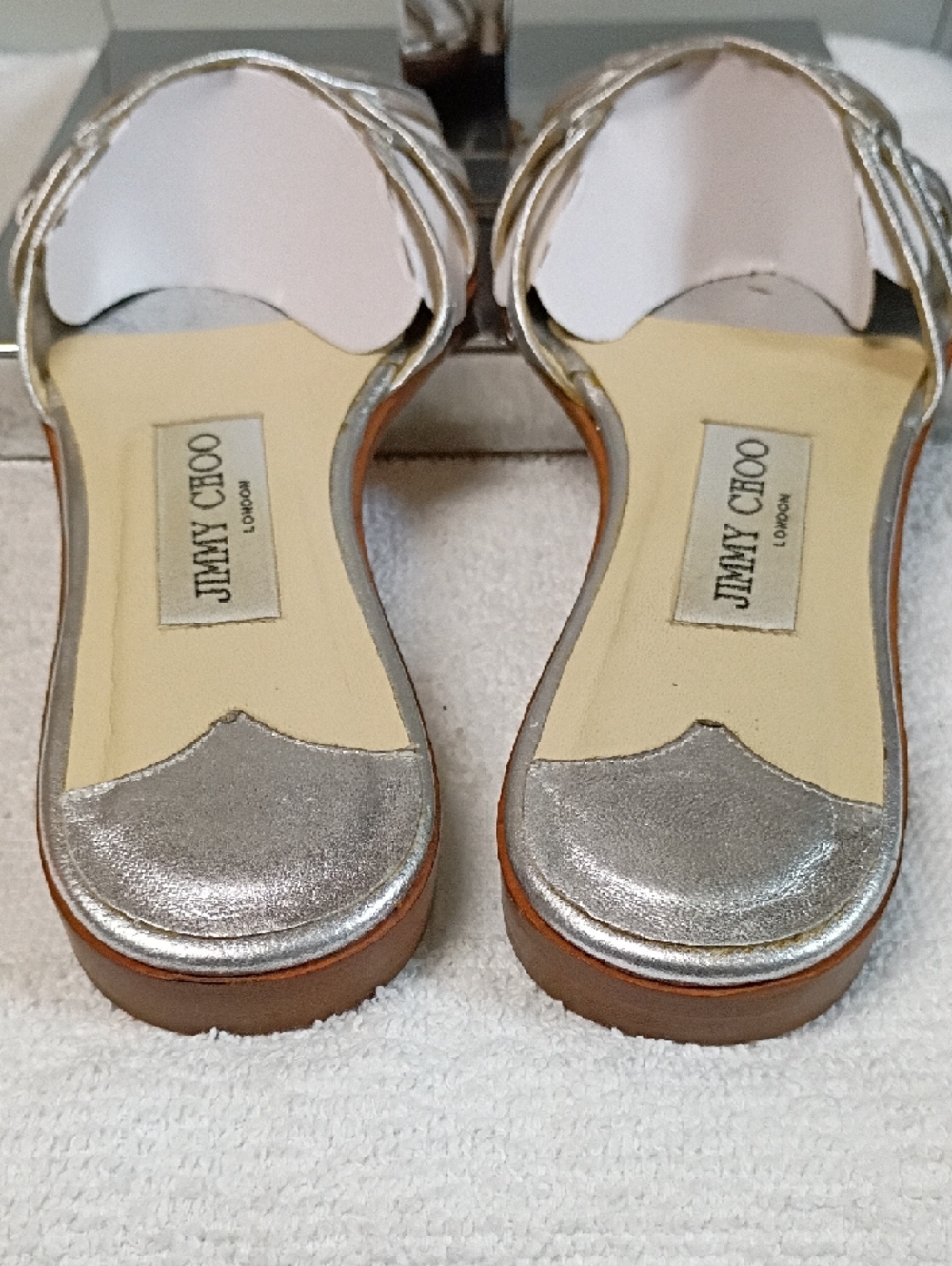 Jimmy Choo White and Silver Leather Cross-Strap Slide Mules - Picture 2 of 5